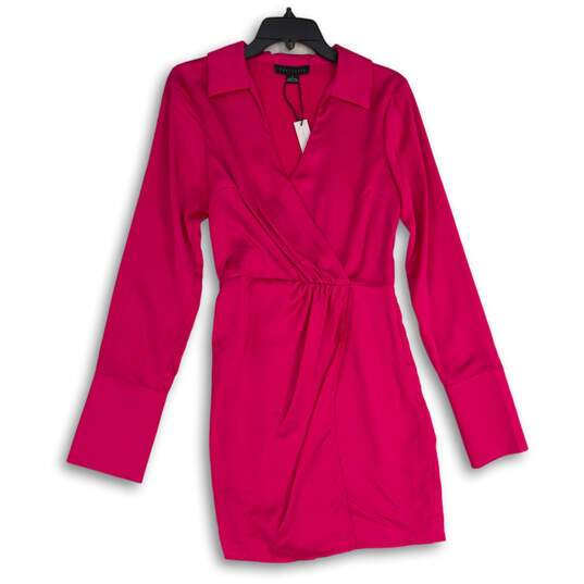 NWT Womens Hot Pink Satin Collared Cuff Detail Long Sleeve Wrap Dress Sz 2 image number 1