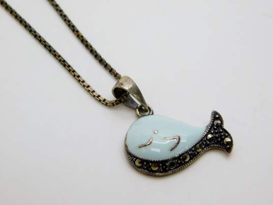 Sterling Silver Marcasite Black Glass & Enamel Whale Pendant Necklaces Heart Slider Bracelet & Ring 26.6g image number 2