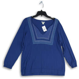 NWT Womens Blue Embroidered Knitted 3/4 Sleeve Pullover Sweater Size L