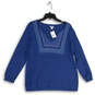 NWT Womens Blue Embroidered Knitted 3/4 Sleeve Pullover Sweater Size L image number 1