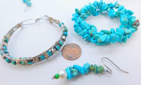 Artisan 925 Turquoise & Pearl Beaded Drop Earrings & Bali Bead Wire Wrapped Bangle & Stretch Bracelets 56.5g image number 5