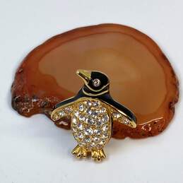Designer Swarovski Gold-Tone Black Enamel Crystals Penguin Brooch Pin