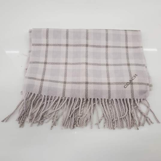 Coach Reversible Signature Plaid Double Face Chalk White Gray Wool Scarf image number 1