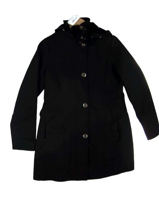Womens Black Long Sleeve Hooded Button Front Trench Coat Size Small image number 1