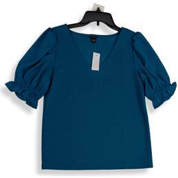 NWT Ann Taylor Womens Blue V-Neck Puff Sleeve Pullover Blouse Top Size S