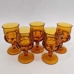 Vintage Indiana Glass Kings Crown Thumbprint Amber Goblets Set of 5