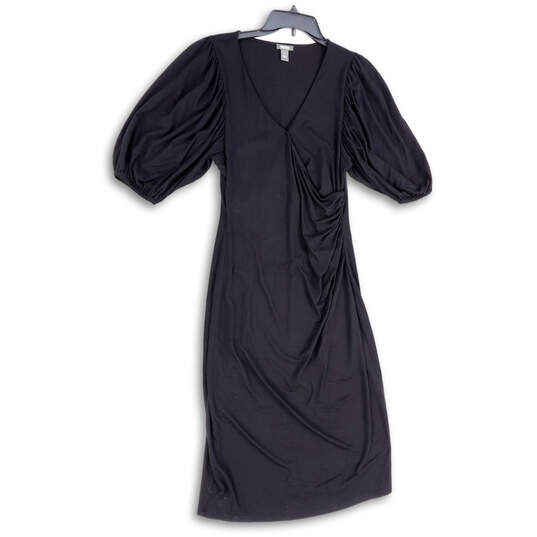 Womens Black V-Neck Balloon Sleeve Ruched Pullover Sheath Dress Size M image number 1