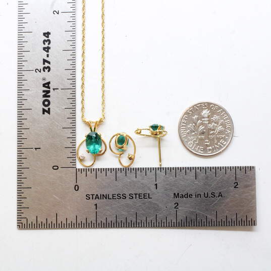 Gold Filled Green Glass CZ Accent Pendant Necklace & Earrings - 2.1g image number 6