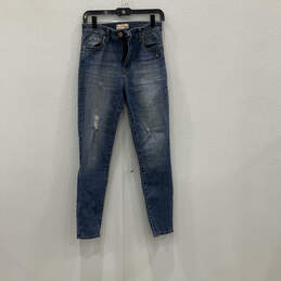 Womens Blue Denim Medium Wash Pockets Distressed Skinny Leg Jeans Size 0
