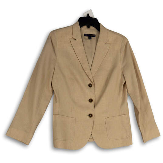 Womens Beige Peak Lapel Single Breasted Three Button Blazer Size 8 image number 1