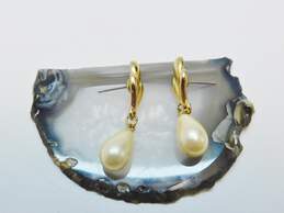 Vintage Crown Trifari Goldtone Faux Pearl Teardrop Drop Post Earrings 3.4g