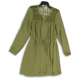 Womens Green Lace Split Neck Long Sleeve Pullover Fit & Flare Dress Size M