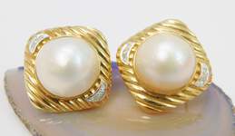 14K Yellow Gold 0.06 CTTW Diamond Mabe Pearl Omega Back Earrings 16.4g