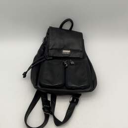 Perlina Womens Black Leather Adjustable Strap Zipper Pocket Backpack Bag Purse