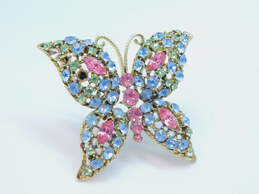 Vintage Goldtone Icy Pink Blue & Green Rhinestones Butterfly Brooch 33.5g