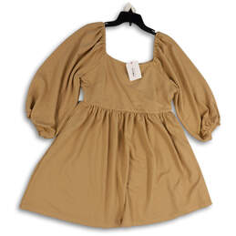 NWT Women Beige 3/4 Sleeve Square Neck Cinch Waist Mini Dress Size 1XL alternative image