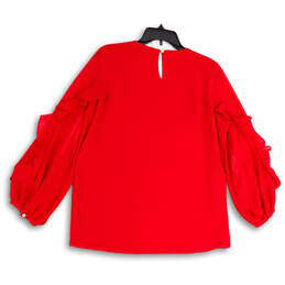 Womens Red Balloon Sleeve Round Neck Back Keyhole Blouse Top Size Large alternative image