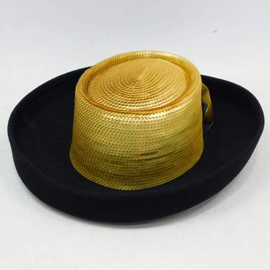 Whittail & Shon Wool Doeskin Felt Bollman Hat Co Black & Gold Sequin  Rose Accent Women's Hat W/ Box image number 3