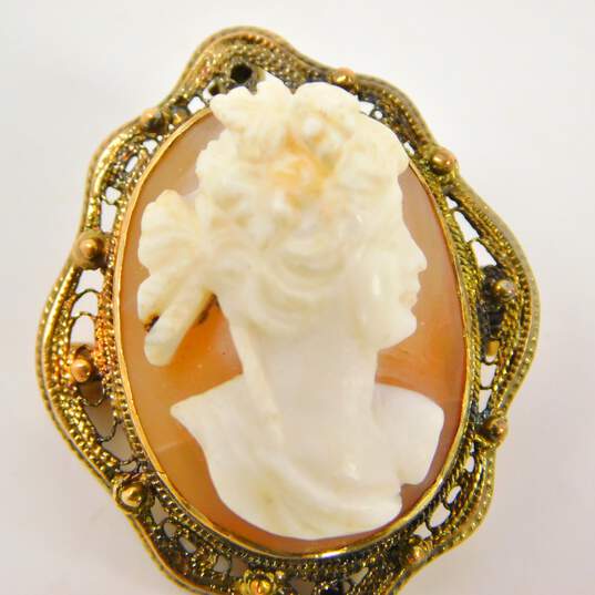 Vintage 10k Yellow Gold Carved Shell Lady Cameo Brooch Pin 5.1g image number 2