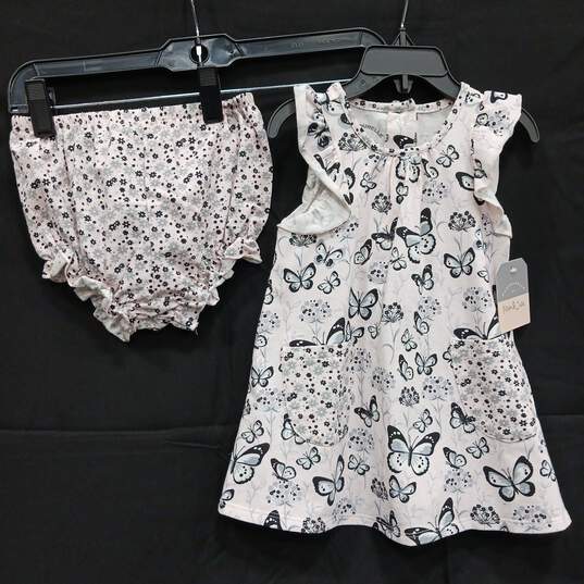 NWT Girls Pale Pink Butterfly Print Fit And Flare Dress With Bloomer Size 6-9 M image number 1