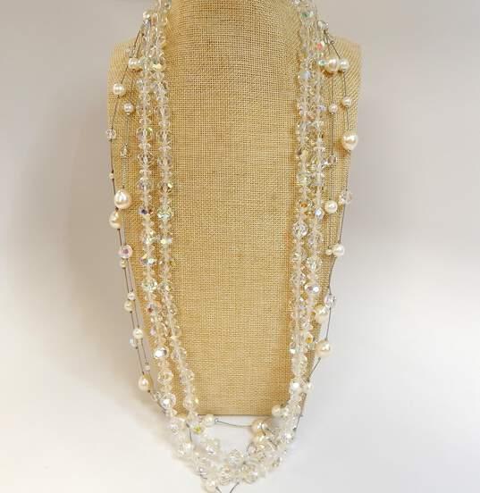 Vintage Silvertone Aurora Borealis Crystals & White Faux Pearls Beaded Necklaces 180.4g image number 2