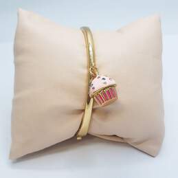 Kate Spade Gold Tone Enamel Crystal Cupcake Charm 7.5" Hinge Bracelet 28.1g