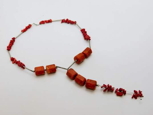 Artisan 925 Faux & Composite Coral & Bar Beaded Lariat Necklace & Matching Bracelet Set 56.2g image number 3