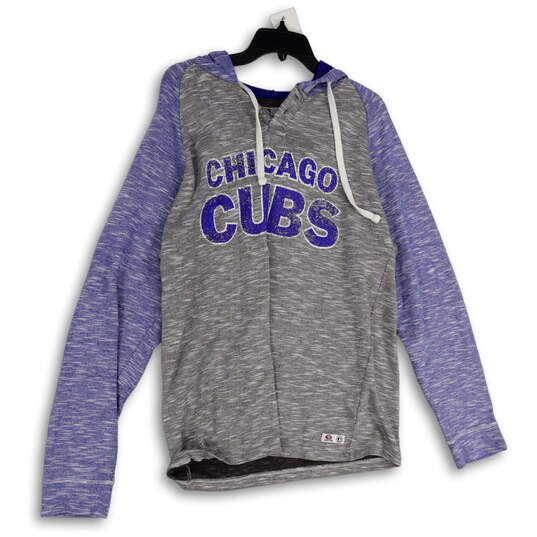 Mens Gray Chicago Cubs Long Sleeve Pullover Hooded T-Shirt Size Large image number 3