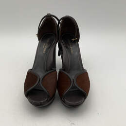 Womens Brown Leather Fur Ankle Strap Block Platform Heels Size 39.5