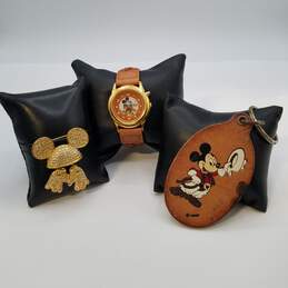 Disney Collectors Bundle Lorus Mickey Mouse Watch, Collectors Disney Napier Pin, and Vintage Leather Keychain