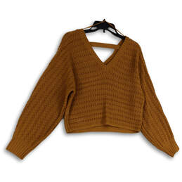Womens Brown Knitted Long Sleeve V-Neck Cropped Pullover Sweater Size M