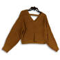 Womens Brown Knitted Long Sleeve V-Neck Cropped Pullover Sweater Size M image number 1