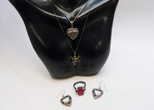 Romantic 925 Scrolled Puffed Heart & Cupid Cherub Pendant Necklaces Open Heart Drop Earrings & Faceted Ruby Textured Ring 19.7g image number 1