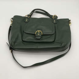 Womens Green Leather Adjustable Strap Inner Pockets Zipper Satchel Bag