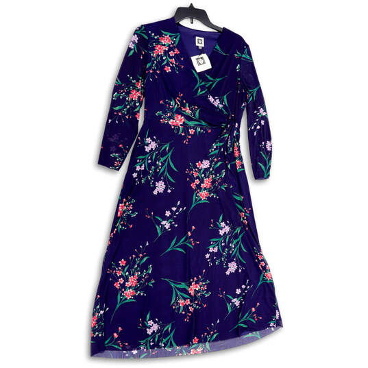 NWT Womens Blue Floral 3/4 Sleeve V-Neck Knee Length Wrap Dress Size L image number 1