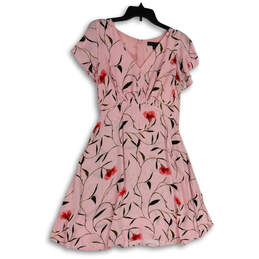 Womens Pink Floral V-Neck Short Sleeve Knee Length Fit And Flare Dress Sz 8