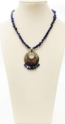 QT Southwestern 925 Lapis Lazuli Concho Stamped Pendant Beaded Necklace