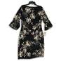 NWT Womens Black Floral Long Bell Sleeve Boat Neck Back Zip Sheath Dress Size 16 image number 1