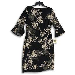 NWT Womens Black Floral Long Bell Sleeve Boat Neck Back Zip Sheath Dress Size 16