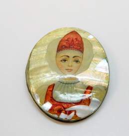 Vintage Russian Mother Of Pearl Hand Painted Portrait Brooch 14.0g