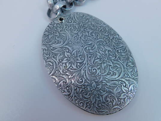 Vintage Silver Tone Flower & Scrolled Chunky Pendant Necklace & Panel Bracelet 100.9g image number 3