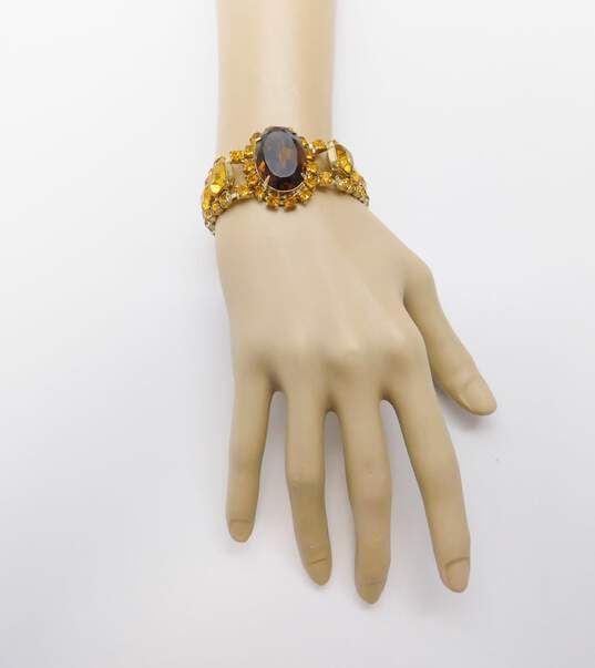 Vintage Gold Tone Amber Citrine Colored Icy Glass Rhinestone Bracelet 39.2g image number 3
