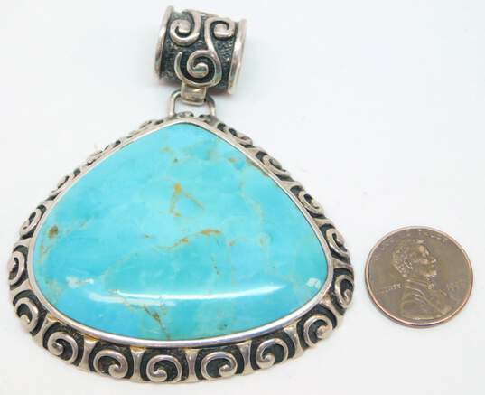 Barse 925 Southwestern Composite Turquoise Cabochon Scrolled Overlay Teardrop Statement Pendant 50.8g image number 8