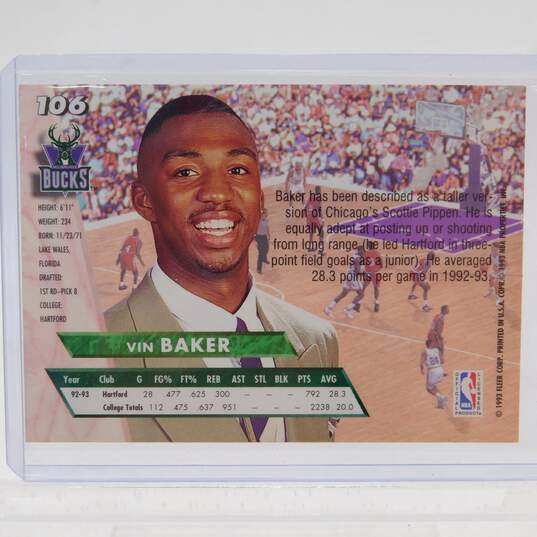 1993-94 Vin Baker Autographed Fleer Ultra Rookie Milwaukee Bucks image number 3