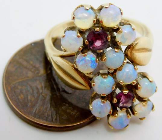 14K Yellow Gold Red Glass & Opal Cabochons Flowers & Leaves Ring 5.0g image number 6