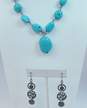 Artisan 925 Faux Turquoise Pendant Beaded Necklace & Textured Squiggles & Circles Drop Earrings 74g image number 2