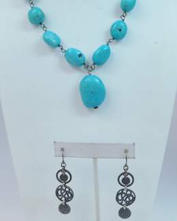 Artisan 925 Faux Turquoise Pendant Beaded Necklace & Textured Squiggles & Circles Drop Earrings 74g alternative image