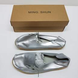 Women Silver Flats Loafers Leather Shoes Size 10.5 (44)