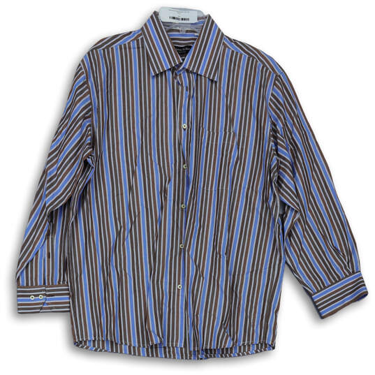 Mens Brown Blue Striped Long Sleeve Spread Collar Formal Dress Shirt Sz XL image number 1