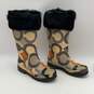 Coach Womens Beige Black Peony Fur Trim Rubber Waterproof Tall Rain Boots Size 7 image number 2